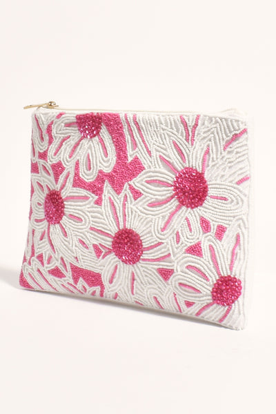 Bold Beaded Floral Clutch - Pink