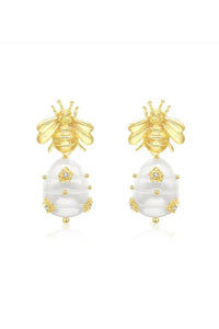 Embellished Baroque Pearl Bee Earrings - Gold