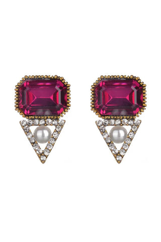 Erica Geometric Crystal Stud Earrings - Fuchsia Pink