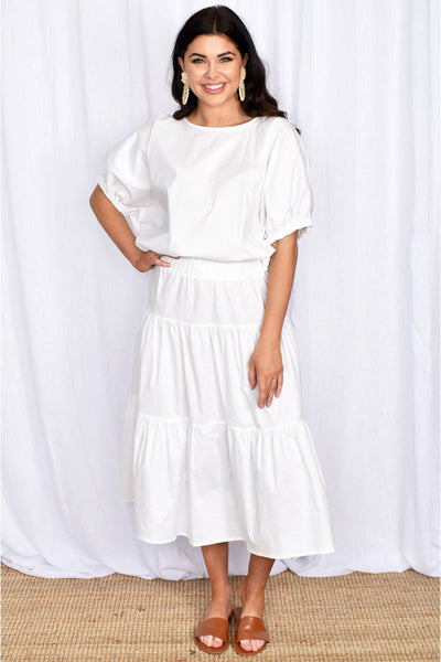 Mia 3 Tiered Shirred Waist Skirt - White