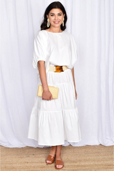 Mia 3 Tiered Shirred Waist Skirt - White