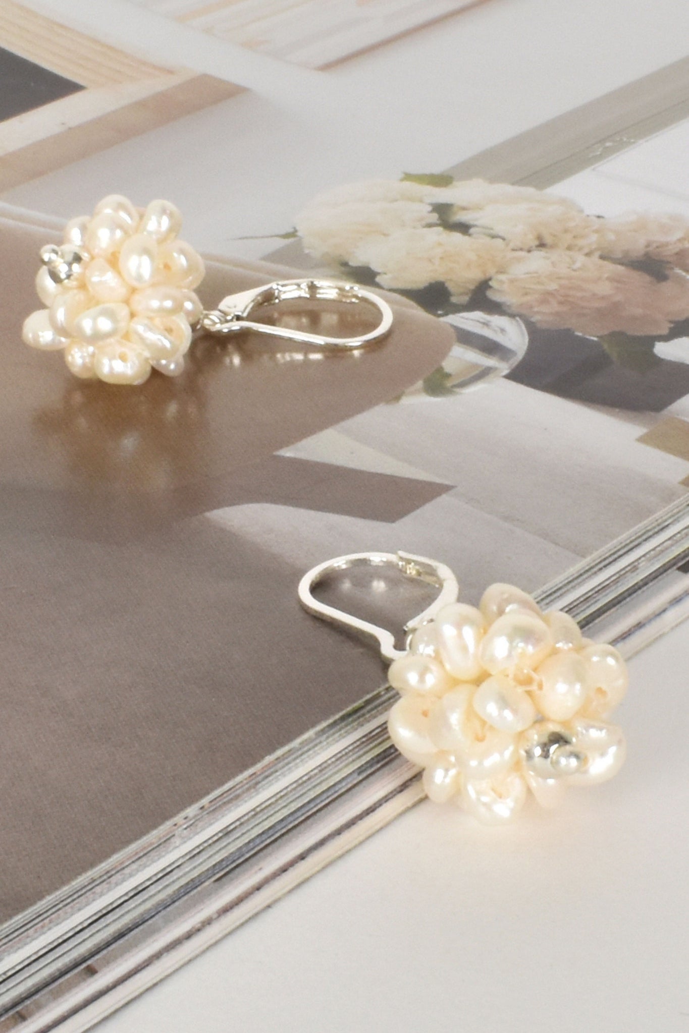 Pearl Cluster Hook Earrings - Silver