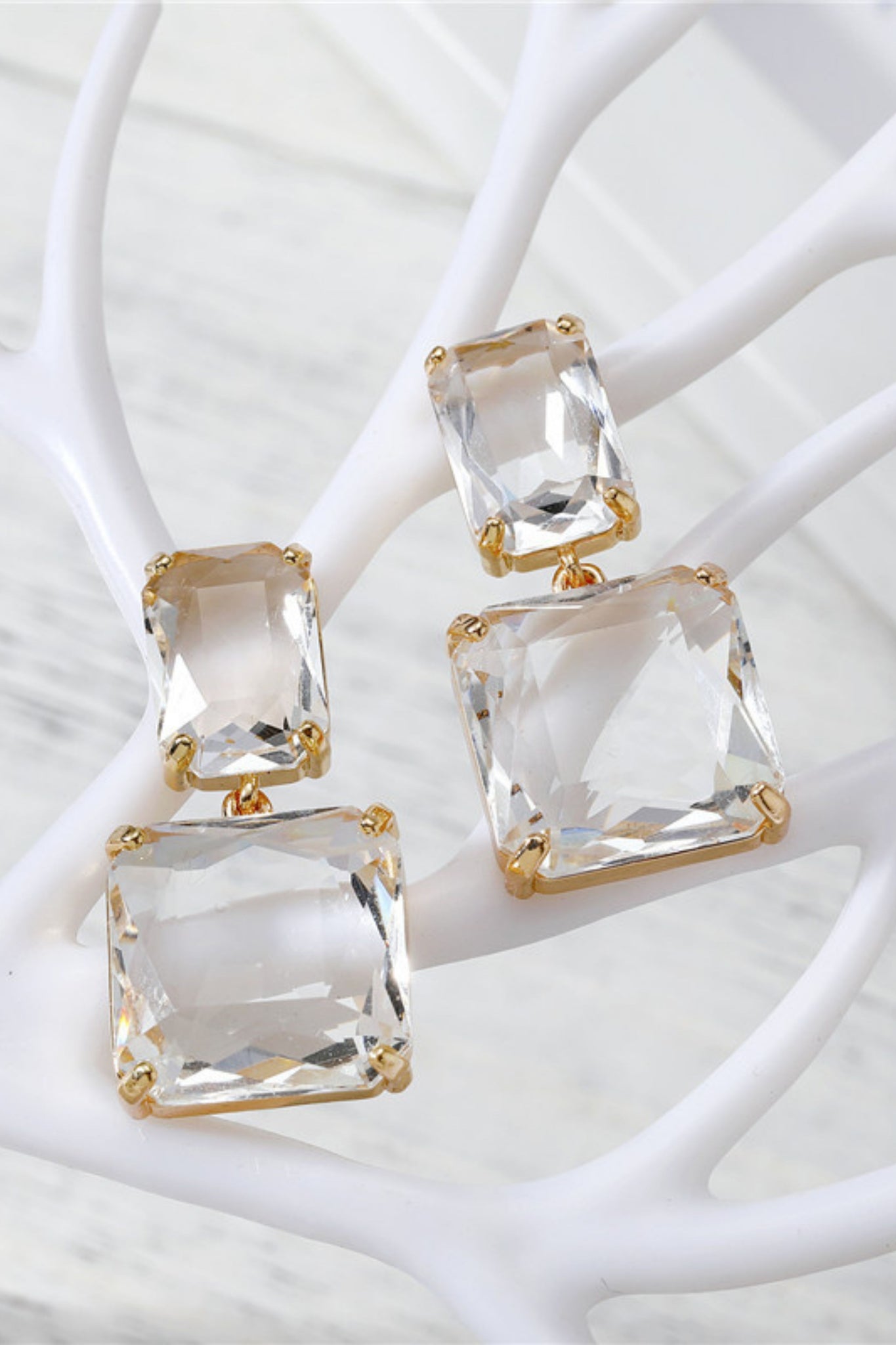 Square Faceted Crystal Drop Earring - White