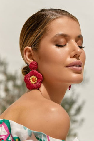 Stitched Flower Drop Earrings - Hot Pink