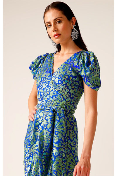 Twilight Shimmer Maxi Wrap Dress - Sapphire Chartreuse